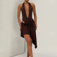 Women Halter Deep V Neck Sexy Midi Dress Elegant Irregular Ruched Wrap Waist Bodycon Club Night Party Mini Dresses