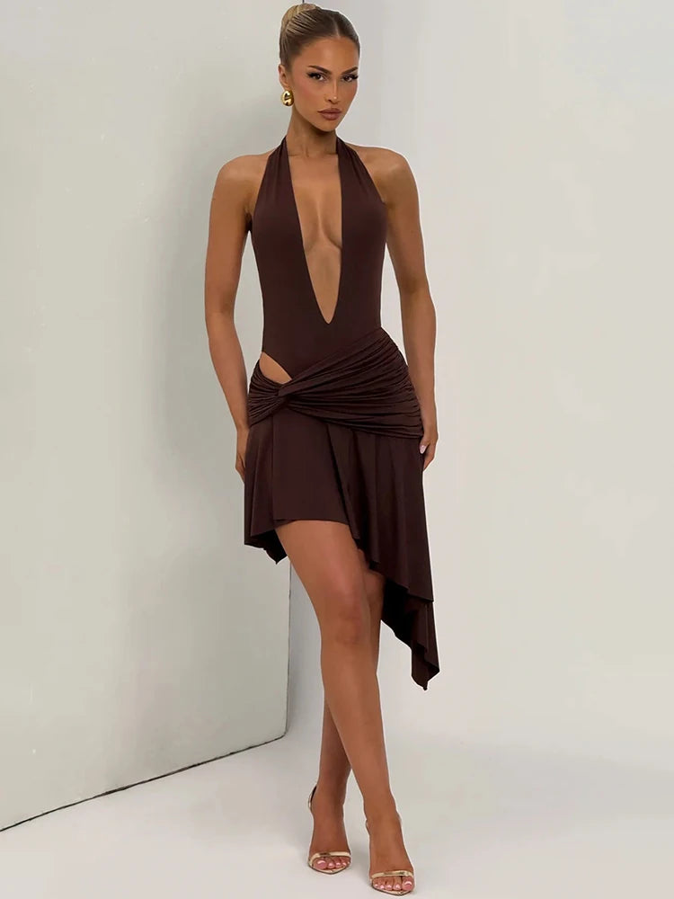 Women Halter Deep V Neck Sexy Midi Dress Elegant Irregular Ruched Wrap Waist Bodycon Club Night Party Mini Dresses