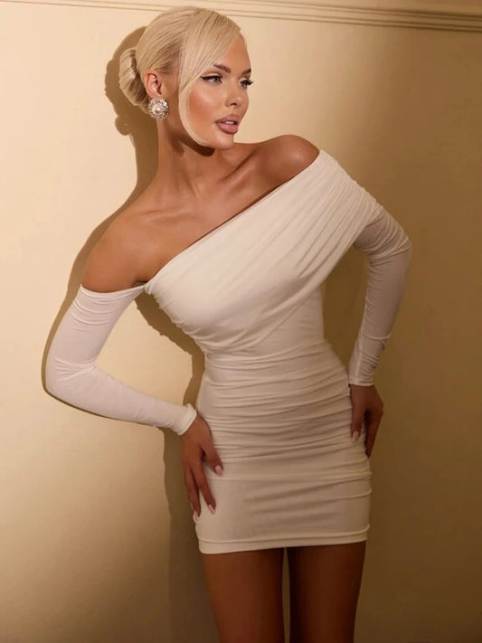 Women Off Shoulder Long Sleeve Bodycon Mini Dress Ruched Wrap Waist Pencil Short Dress Elegant Night Club Party Outfits
