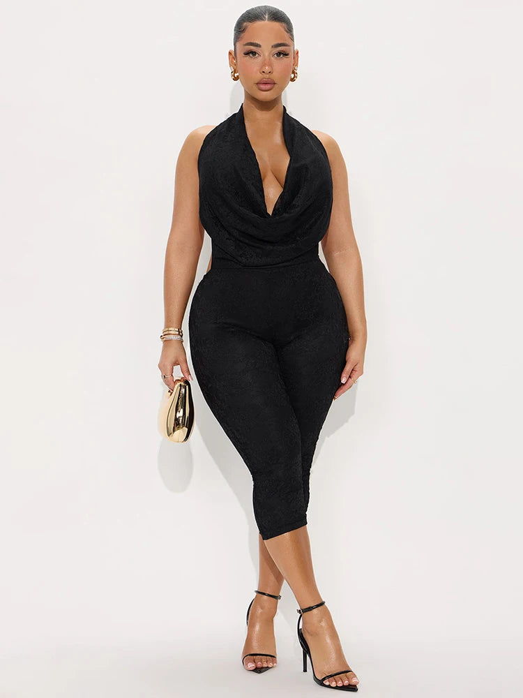 Swing Collar Jacquard Playsuit Women Lace-Up Backless Halter Skinny Sexy Midnight Summer Trend Classic Simple Romper