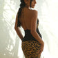Lace Patchwork Dress Women Leopard Print Backless Halter Bandages Sleeveless Sexy Hottie Party Street Maxi Bodycon