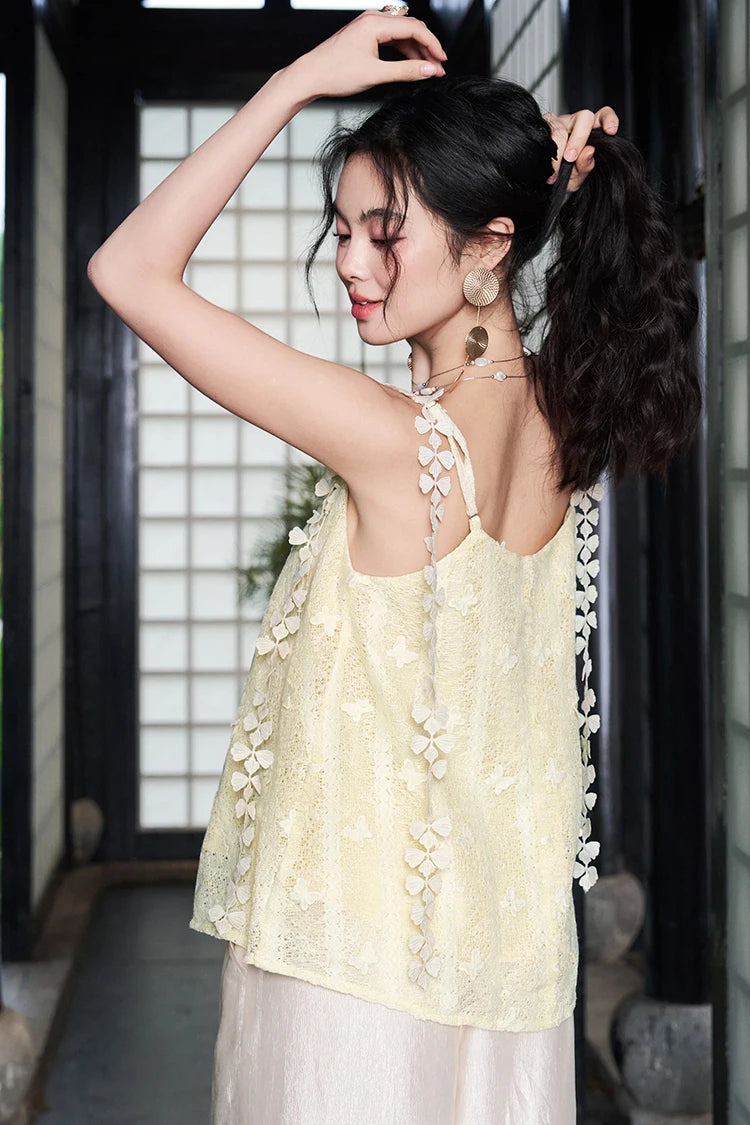 Floral 3D Lace Cami Top, V-Neck Flowy Sheer Tank Top, Romantic Casual Summer Camisole for Women