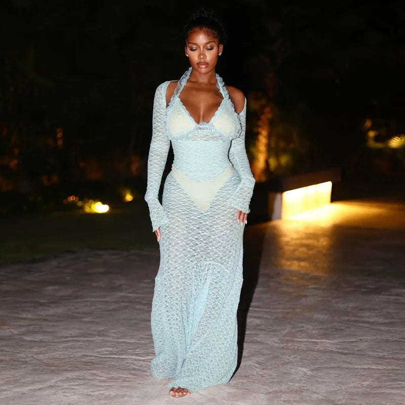 See Through Lace Dress for Woman Elegant Sexy Long Sleeve Maxi Dresses Beach Vacation Outfits