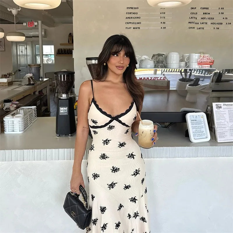 Floral Print Summer Dress French Style Elegant Deep V Neck Sleeveless Backless Long Dresses for Woman 2026