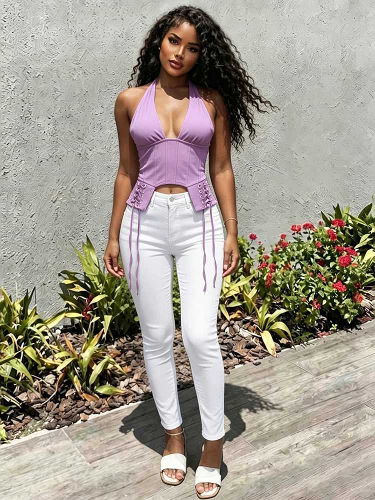 Cross Bandage Decoration Tank Tops Woman Summer Trend Halter Low-Neck Backless Irregular Shape Sexy Fashion Vests