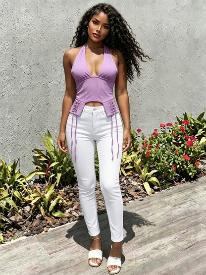 Cross Bandage Decoration Tank Tops Woman Summer Trend Halter Low-Neck Backless Irregular Shape Sexy Fashion Vests