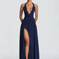 Halter Deep V Neck Sexy Maxi Dress Women Elegant Off-shoulder Sleeveless High Split Pleated Club Party Long Dress