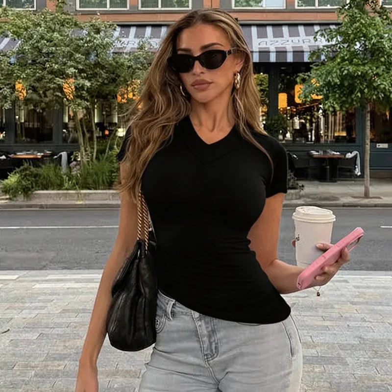 V Neck Side Split Short Sleeve Tops Asymmetrical Tight Fitted White Tshirt Woman Clothes Summer 2026