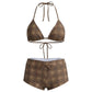 Women's 2 Piece Bikini Set Fashion Plaid Print Sleeveless Halter Neck Triangle Tops and Low Waist Boyshorts Bathing Suit