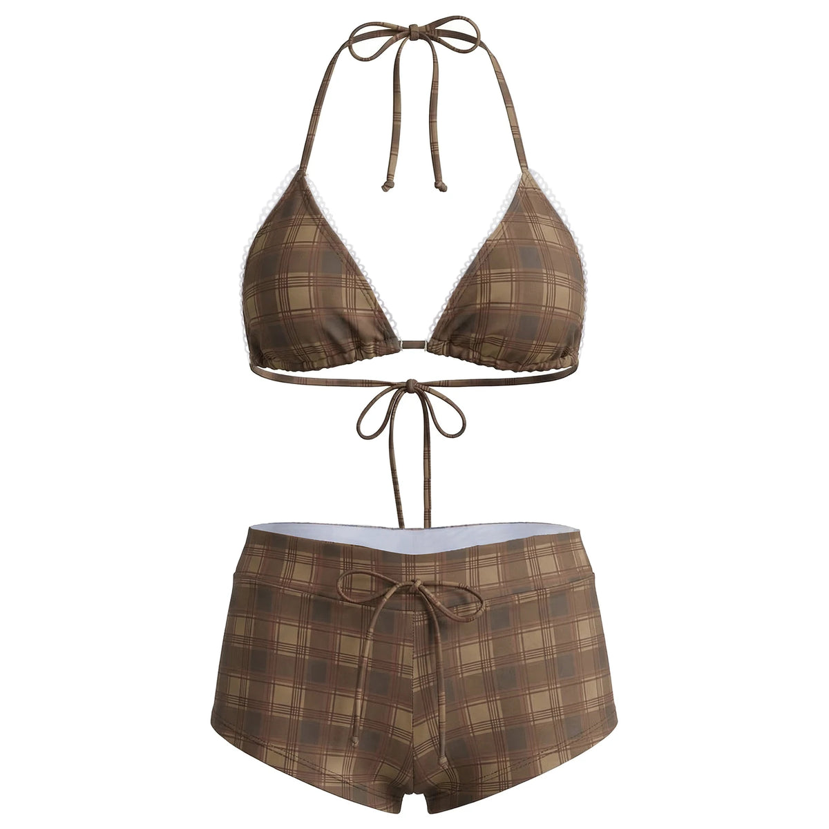 Women's 2 Piece Bikini Set Fashion Plaid Print Sleeveless Halter Neck Triangle Tops and Low Waist Boyshorts Bathing Suit