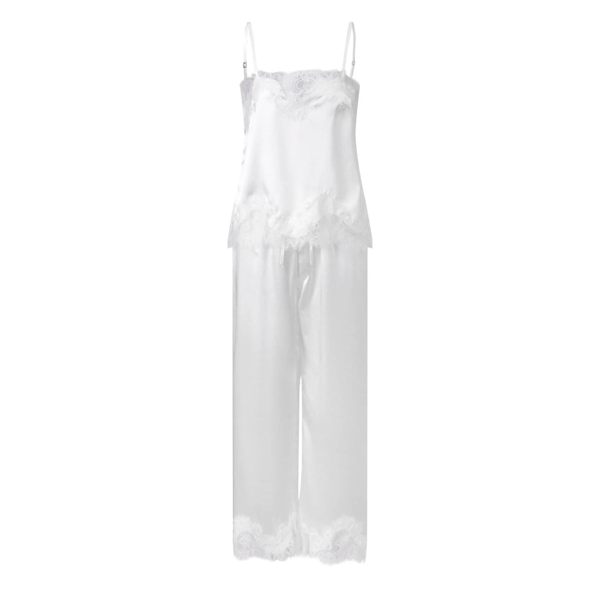 Women's 2 Piece Lounge Set Solid Sleeveless Spaghetti Strap Lace Trim Babydoll Cami Tops and Loose Pants Sleepwear