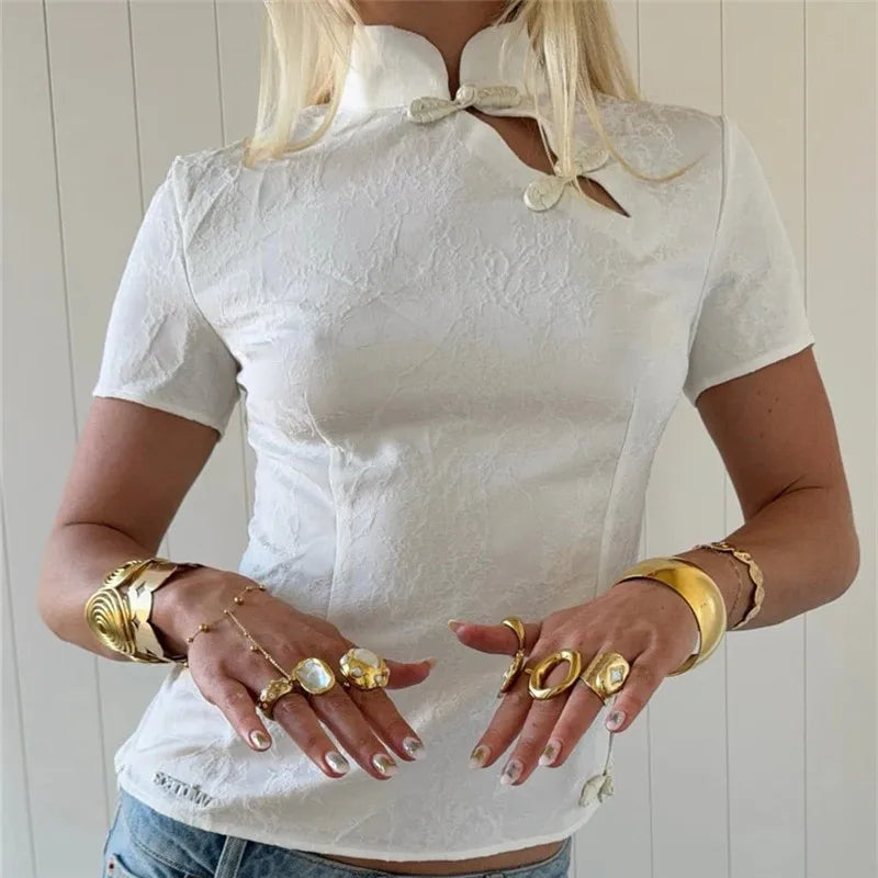 Women White Cheongsam Style Top Short Sleeve Stand Collar Frog Button Blouse Fitted Jacquard Crop Top with Side Slits