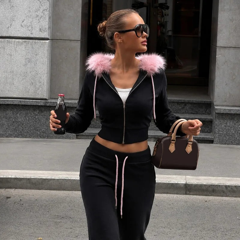 Black Two Piece Set Woman Fall Outfit Y2k Clothes 2000s Tracksuit Fluffy Faux-fur Hoodie and Flared Pants