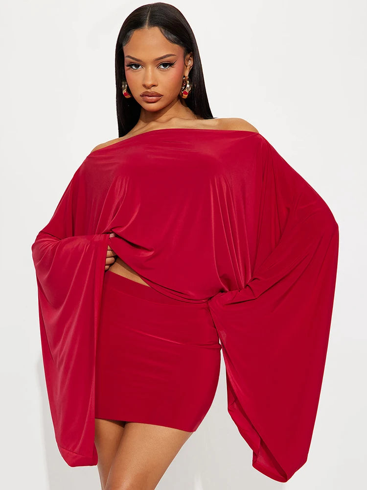 Sexy Slash Neck 2-Piece Set Women Big Flare Sleeve Top+Peach Hip Skirt Matching Stretch Skinny Elegant Street Outfits