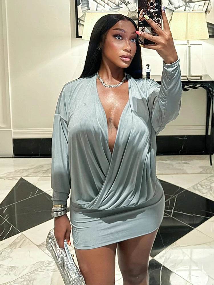 Sexy V-Neck Dress Women Elegant Peach Hip Full Sleeve Autumn Fashion 2025 Banquet Party Clubwear Skinny Mini Bodycon