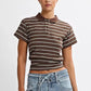 Womens Short Sleeve T-Shirt Stripe Print Buttons Collared Slim Fit Shirts Stylish Summer Casual Tops Streetwear