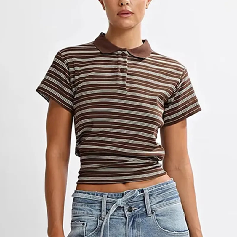 Womens Short Sleeve T-Shirt Stripe Print Buttons Collared Slim Fit Shirts Stylish Summer Casual Tops Streetwear