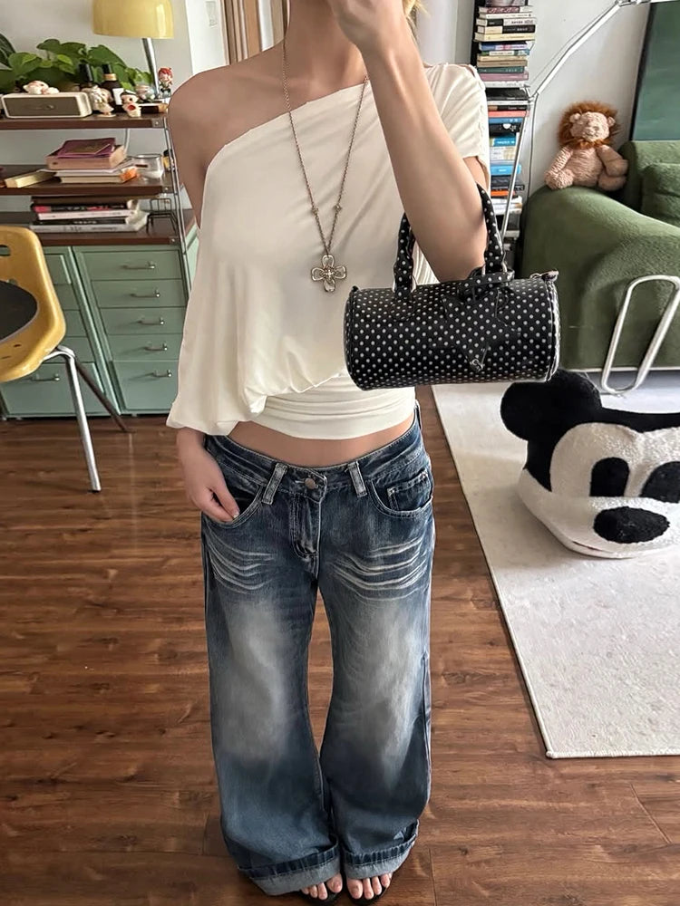 Loose t-Shirt Women Off-Shoulder Batwing Sleeve Folds Leisure Comfortable Summer Fashion Daily Commute Streetwear