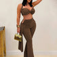 Sexy Chic 2 Piece Set Women Summer Halter Backless Knot Camisole+Metal Ruched Ribbon Flare Pants Matching Outfits