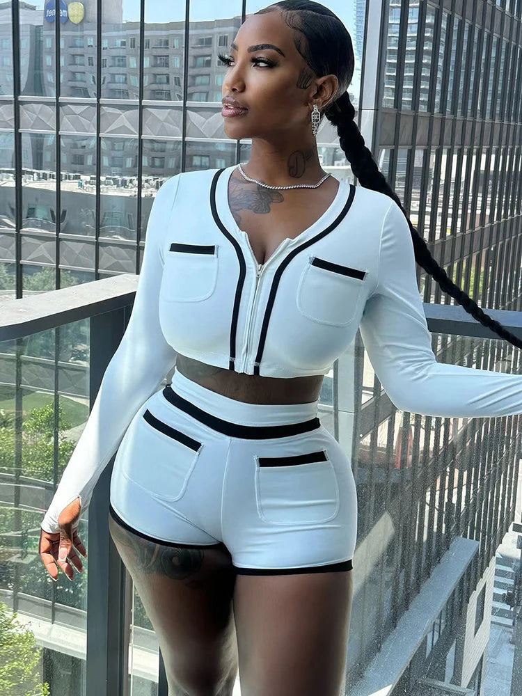 Pocket Tracksuit 2 Piece Set Woman Casual Zip Crop Tops+Shorts Matching Simple Sporty Matching Streetwear Outfits