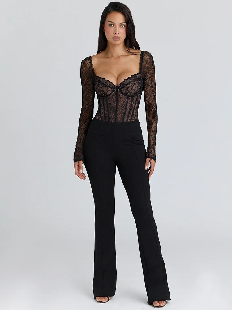 Lace Long Sleeve Backless Sexy Bodysuit Women Tops Black Square Collar Skinny Bodysuits T-shirt Club Party Bodysuit