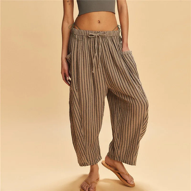 Women Boho Striped Baggy Loose Fit Palazzo Harem Pants Y2k Wide Leg Casual Going Out Beach Vacation Trousers