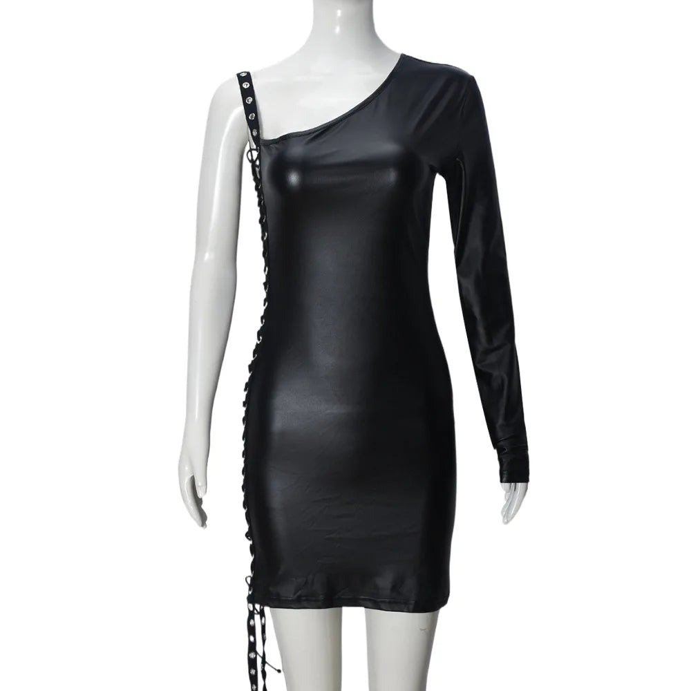 Y2K Gothic One Shoulder Single Sleeve Faux Leather Dress Side Lace Up Cutout Ruched Bodycon Mini Dress Party Clubwear