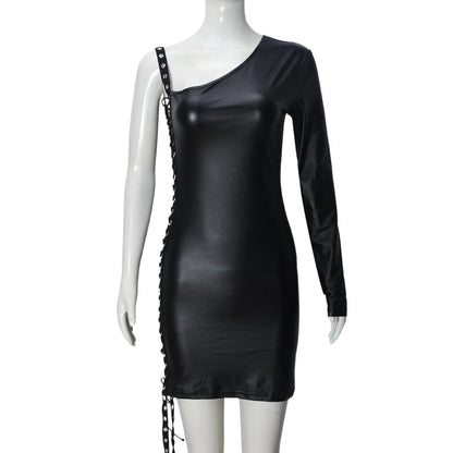 Y2K Gothic One Shoulder Single Sleeve Faux Leather Dress Side Lace Up Cutout Ruched Bodycon Mini Dress Party Clubwear