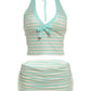 Stripe Print 2 Piece Set Woman Bow Decoration Halter Low-Neck Navel Exposed Tops+Skinny Mini Shorts Sexy Fashion Suit