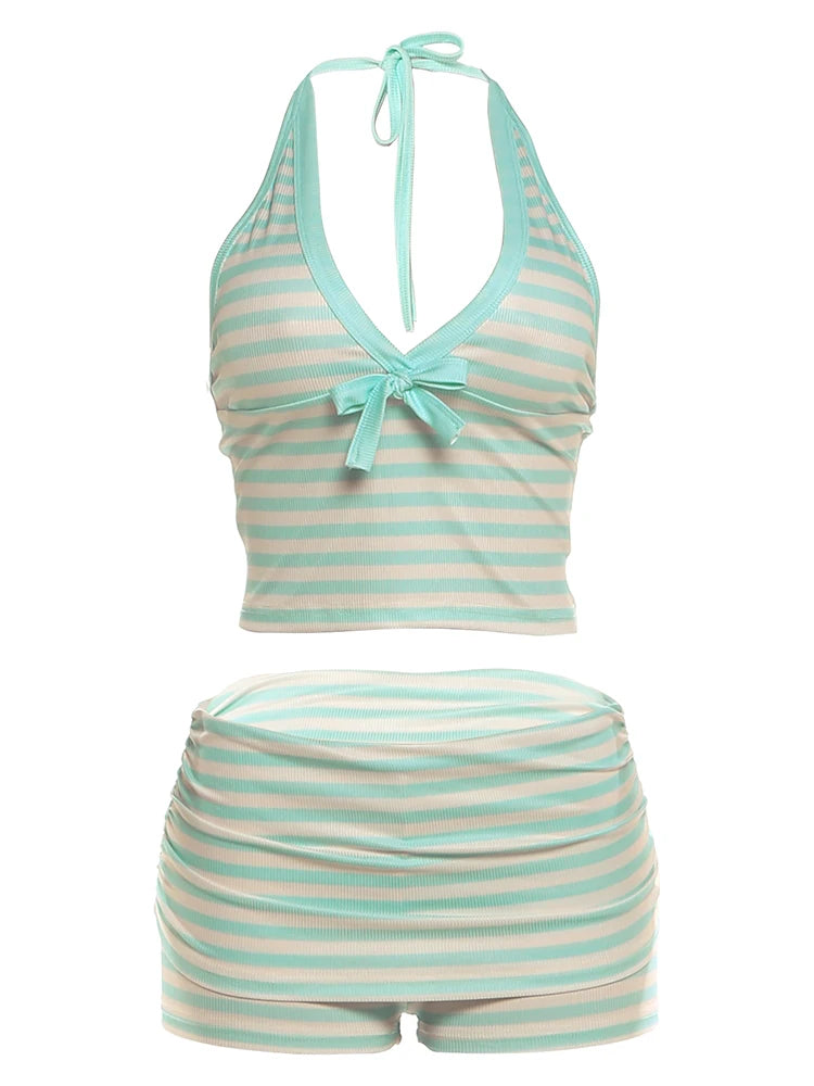 Stripe Print 2 Piece Set Woman Bow Decoration Halter Low-Neck Navel Exposed Tops+Skinny Mini Shorts Sexy Fashion Suit