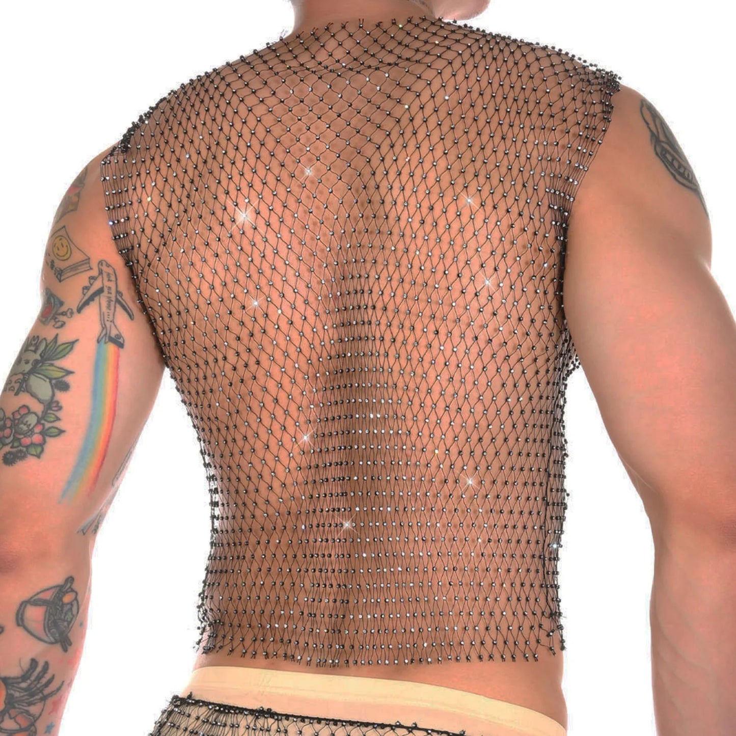 Men Fishnet Sexy Tank Tops Man Rhinestone Shiny See-Through Hollow Vest Mesh Sleeveless T-Shirt Transparent Clothing Clubwear