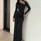 Women Elegant Maxi Dress Asymmetrical One Shoulder Long Sleeve Waist Cutout Ruched Bodycon Long Evening Party Dresses