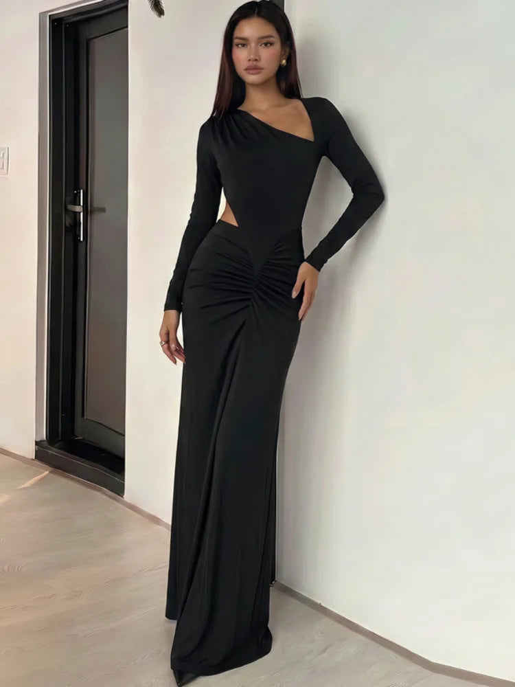Women Elegant Maxi Dress Asymmetrical One Shoulder Long Sleeve Waist Cutout Ruched Bodycon Long Evening Party Dresses
