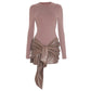 PU Leather Patchwork Bow Tie Long Sleeve Dresses for Women Clothes Fashion Sexy Mini Bodycon Dress Pink Black
