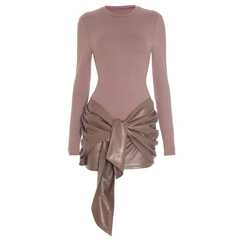 PU Leather Patchwork Bow Tie Long Sleeve Dresses for Women Clothes Fashion Sexy Mini Bodycon Dress Pink Black