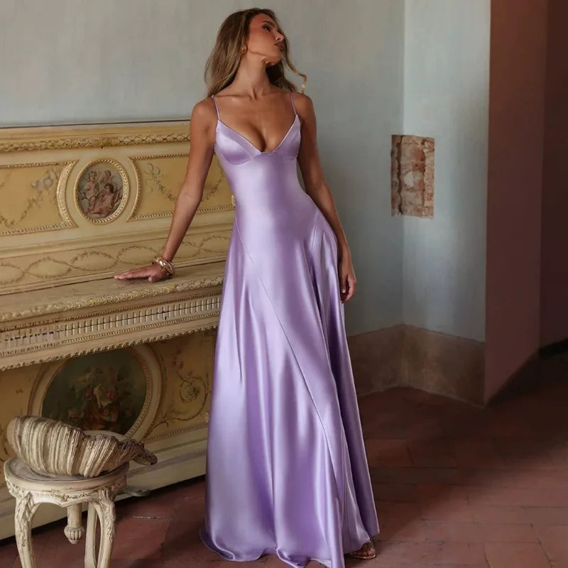 Spaghetti Strap Deep V Neck Backless Maxi Dress Satin Purple Party Dresses Woman Elegant Luxury Ball Gowns