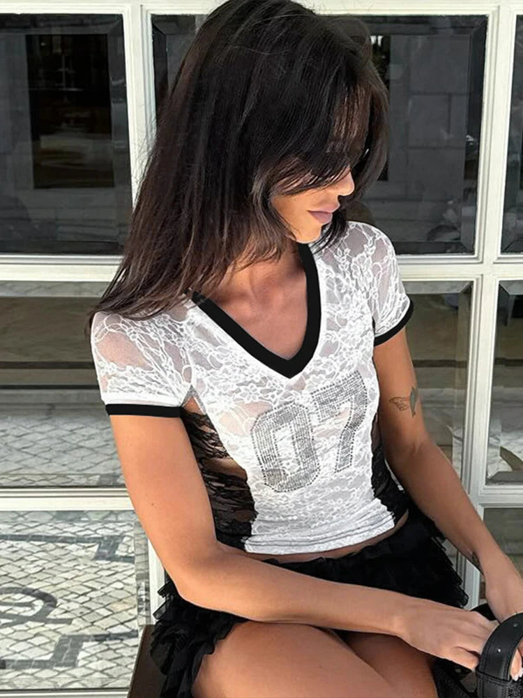 Number Print Crop Top Women Sexy Lace Patchwork Skinny Summer Trend Simple Stretch Wild Midnight clubwear T-Shirts