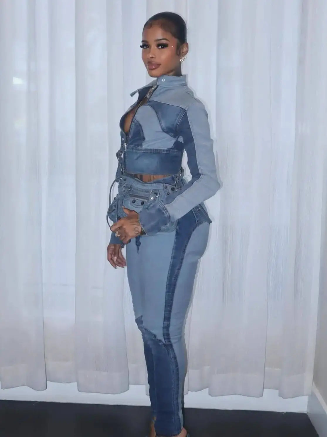 Casuals Denim 2 Piece Set Women Tracksuit Button Patchwork Full Sleeve Zip Crop Coat+Skinny Pants Autumn Trend Streetwear