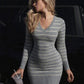 Grey Striped Sweater Dresses for Woman Elegant Fall Winter V Neck Long Sleeve Knit Mini Dress