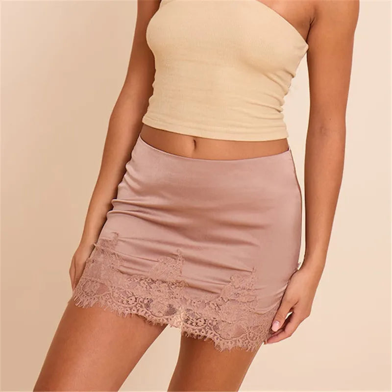 Y2k Half Slips Under Dress Elegant Fashion Bodycon Skirt Women Silk Satin Pencil Skirt Lace Trim Low Rise Underskirts