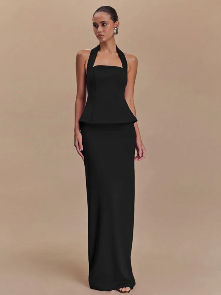 Backless Sexy 2 Piece Sets Women Solid Square Collar Halter Tops And Long Skirt Female Slim Fit Club Two Piece Sets