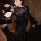 Women Off Shoulder Lace Sexy Maxi Dress Long Sleeve Hollow Out Bodycon Evening Party Dress Elegant Ruched Dress