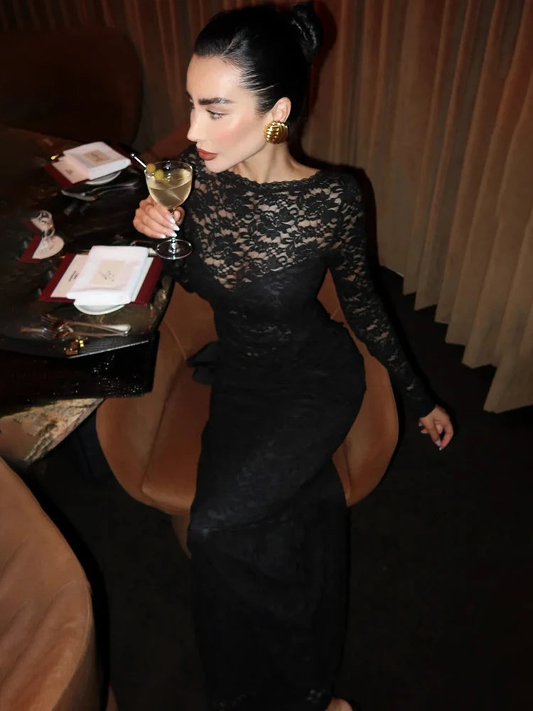 Women Off Shoulder Lace Sexy Maxi Dress Long Sleeve Hollow Out Bodycon Evening Party Dress Elegant Ruched Dress