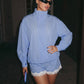 Stripe Patchwork 2 Piece Set Woman Autumn Trend Turtleneck Full Sleeve T-Shirts+Lace Edge Decoration Shorts Suits