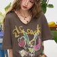 Women's V Neck Short Sleeve Tee with Hand Drawn Vegetable Print, Irregular Hem Loose T-shirt for Daily, Casual Soft Knit