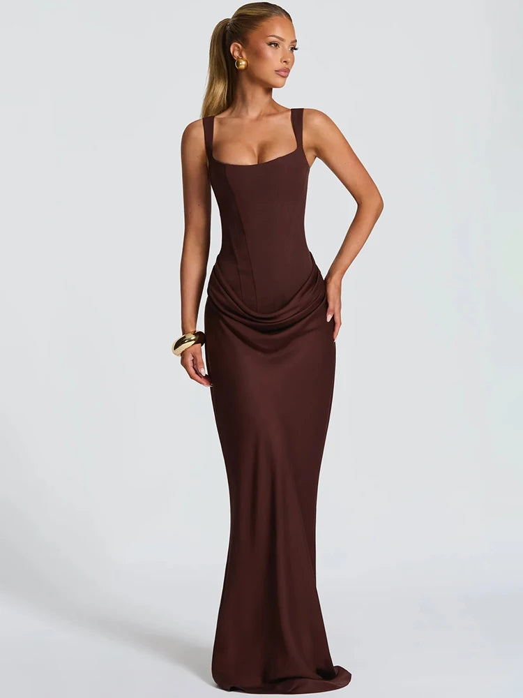 Backless Ruched Sexy Maxi Dress Women Elegant Square Collar Tapered Straps Sleeveless Bodycon Club Party Long Dress