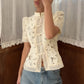 Women Y2K Vintage Lace Shirt Mandarin Collar Frog Button Puff Sleeve Floral Embroidery Cropped Blouse Elegant Casual Top