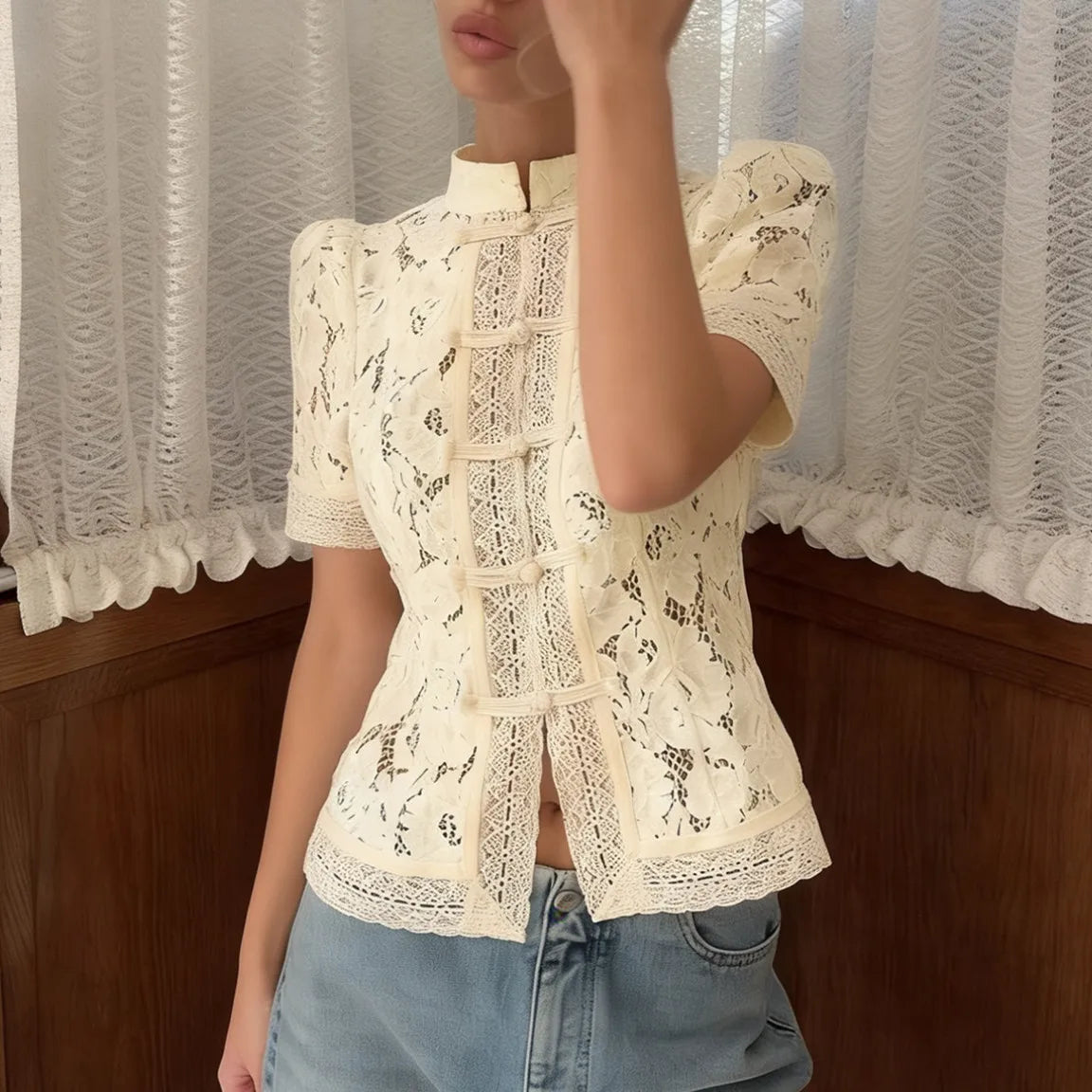 Women Y2K Vintage Lace Shirt Mandarin Collar Frog Button Puff Sleeve Floral Embroidery Cropped Blouse Elegant Casual Top