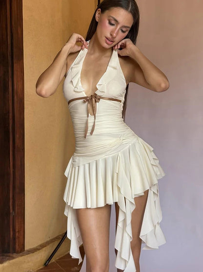 Ruffles Tassel Dress Women Bandge Bow Halter v-Neck Backless Sleeveless Folds Skinny Fashion Summer Party Bodycon