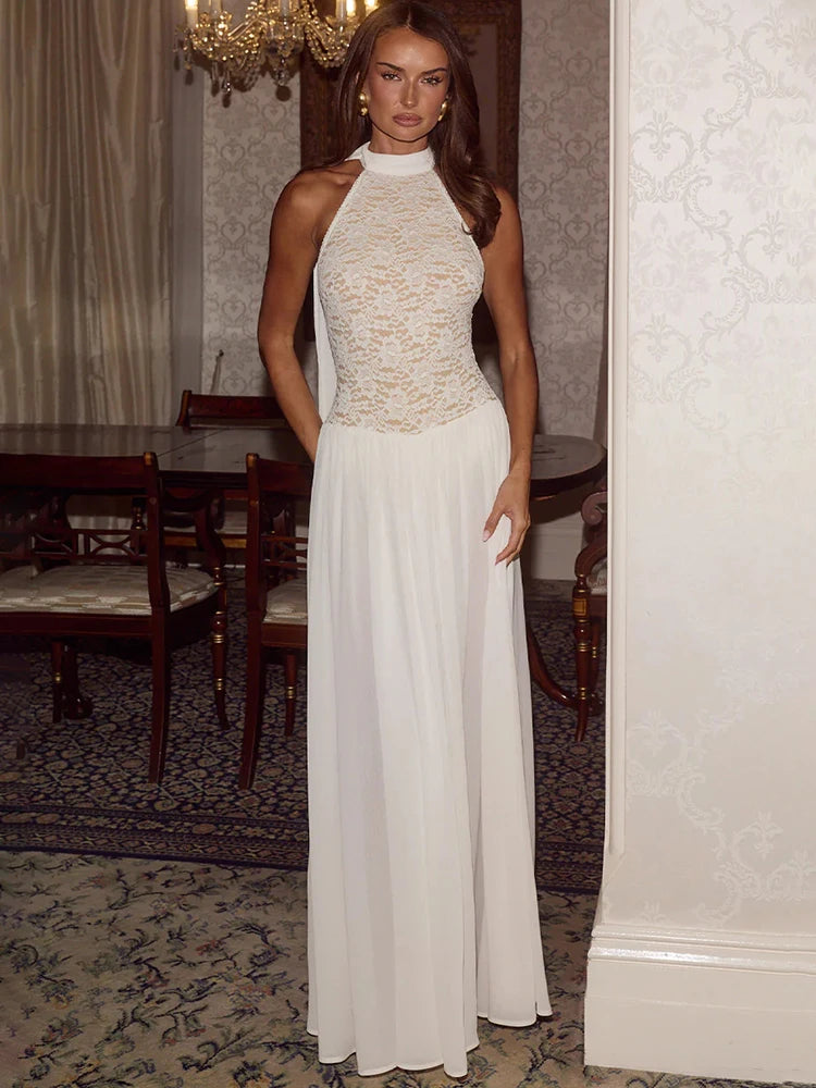 White Lace Halter Maxi Dress For Women Elegant High Neck Long Dress 2026 Summer Sleeveless Pleated Party Evening Gown